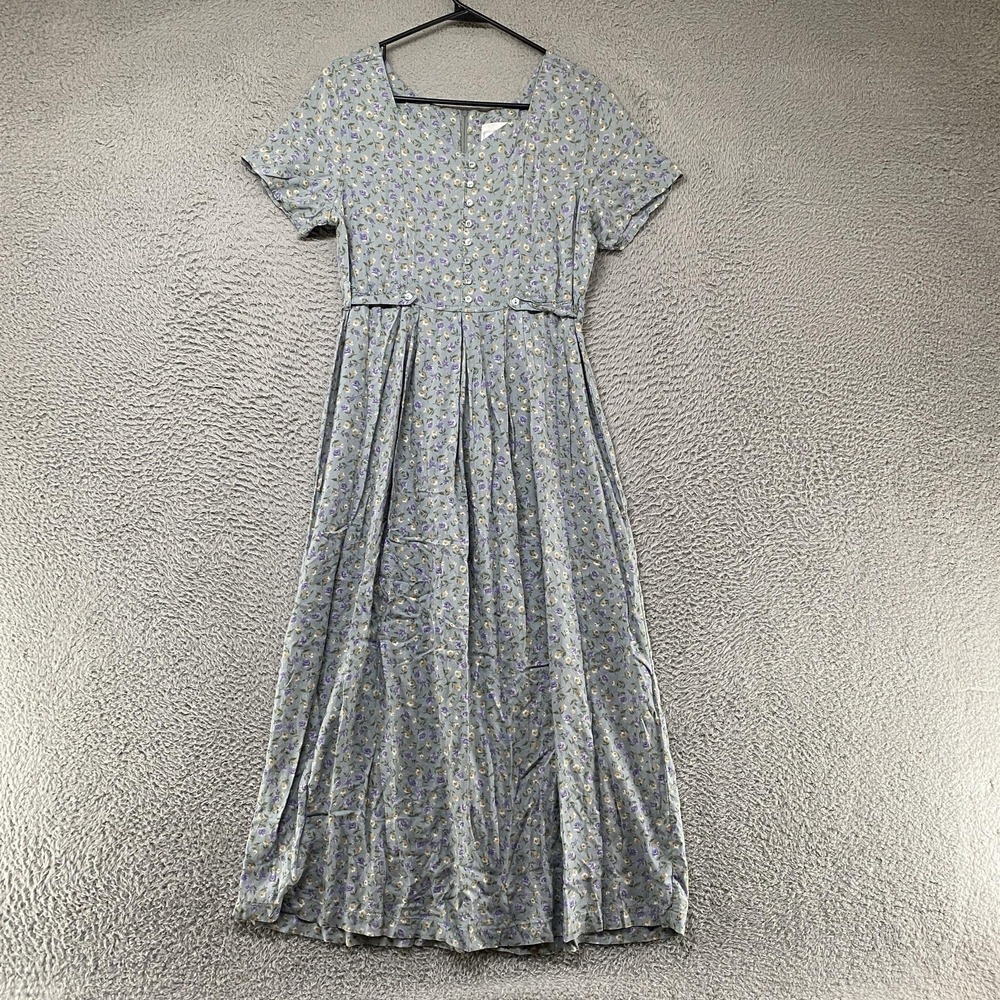 Vintage Cottagecore Dress Womens Medium Blue Floral Prairie Maxi Belted 90s Y2K